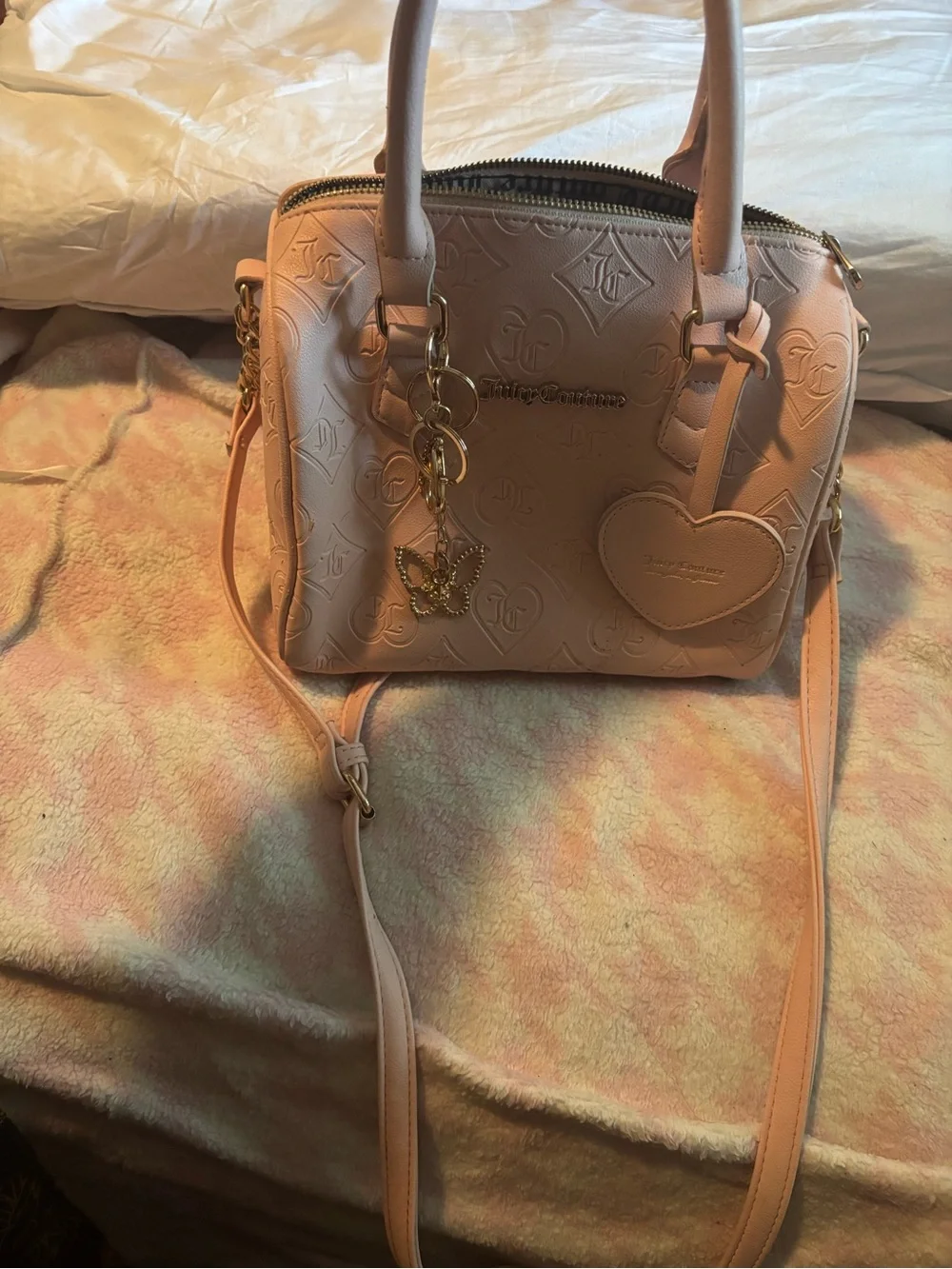 Juicy Couture Blush Pink Embossed Heart Charm Tote with Gold Hardware